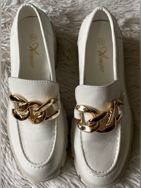 Athlefit White leather golden chain slip Platform casual lug sole Loafers Shoes